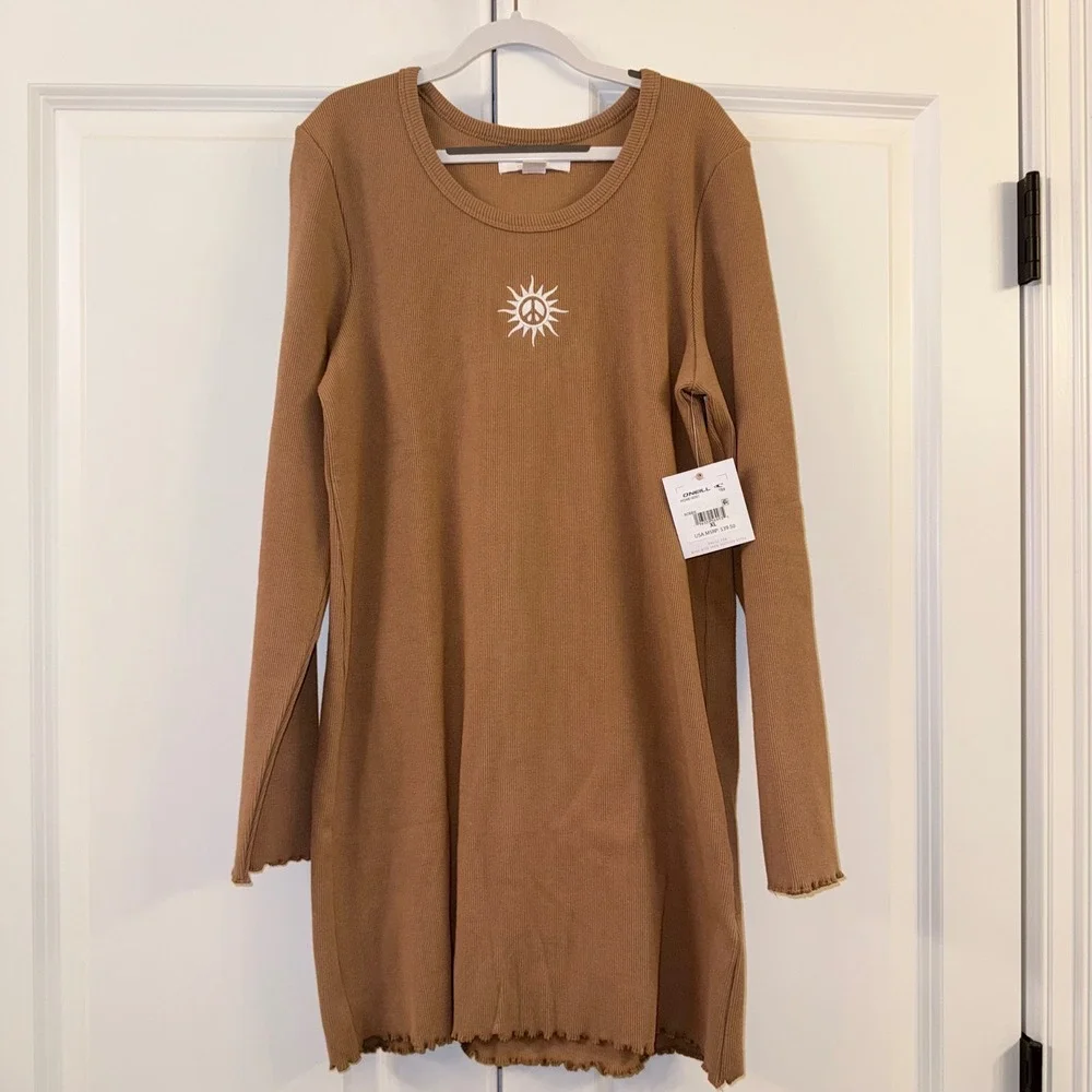 NWT O'Neill Kids XL Long Sleeve‎ Casual Dress Brown Sun Graphic Ribbed Hem Cute